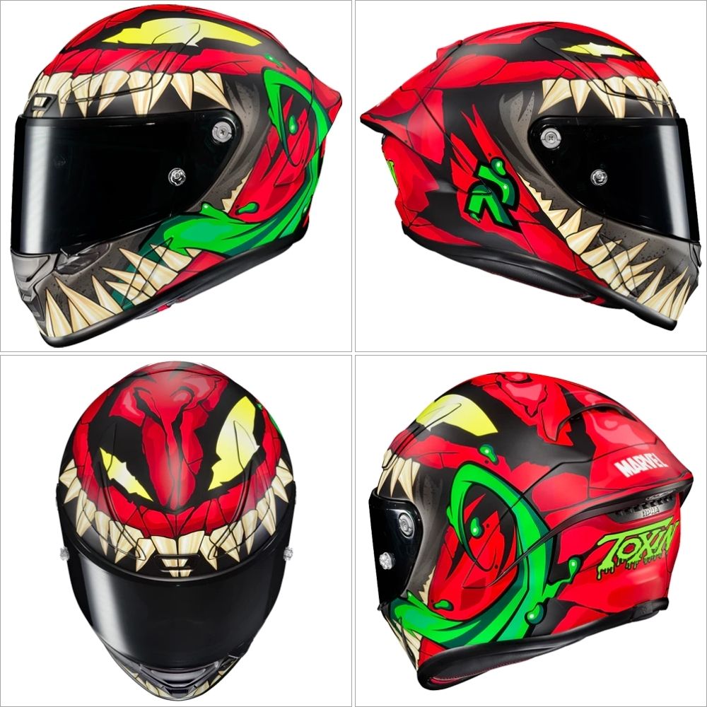 HJC RPHA 1N Toxin helmet shown from four angles featuring Marvel-inspired red, green, and black symbiote graphics.